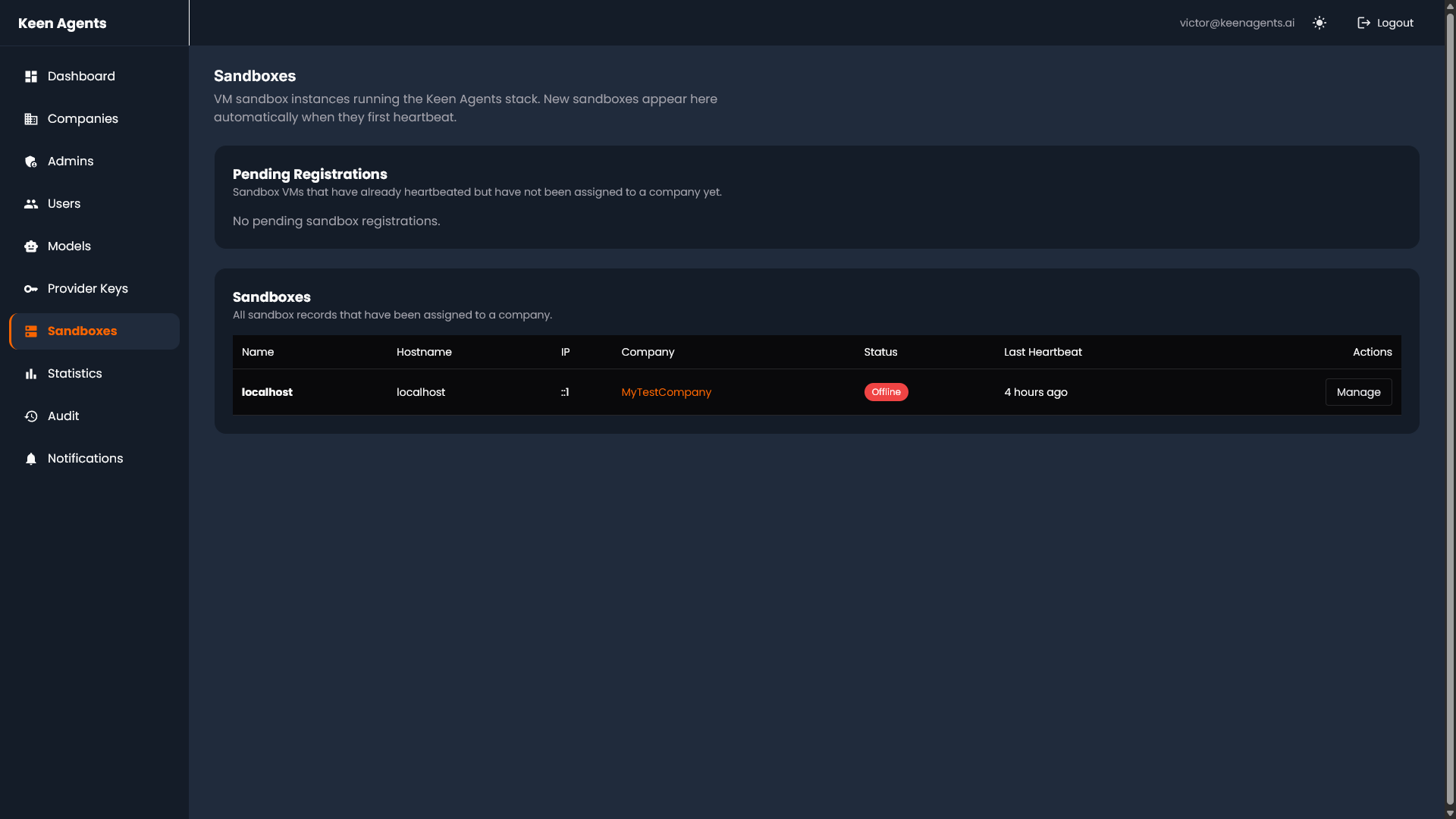 VM sandbox list showing isolated environments